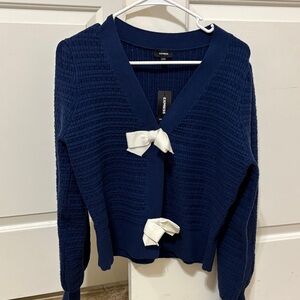 Express Navy Knit V-Neck Cardigan with Cream Bow Accents